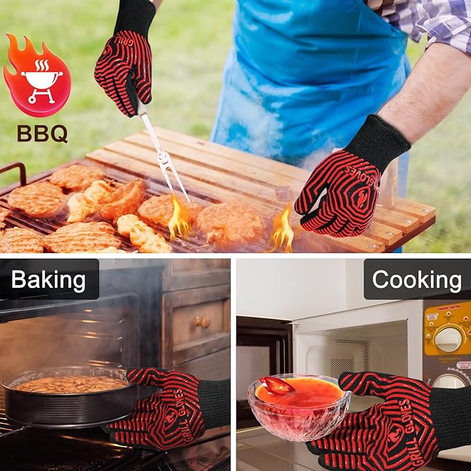 QUWIN BBQ Gloves, BBQ Accessories 1472℉ Extreme Heat Resistant, Grilling Gloves Silicone Non-Slip Oven Mitts, Kitchen Gloves for BBQ, Grilling, Cooking, Baking-1 Pair 11inch, Red