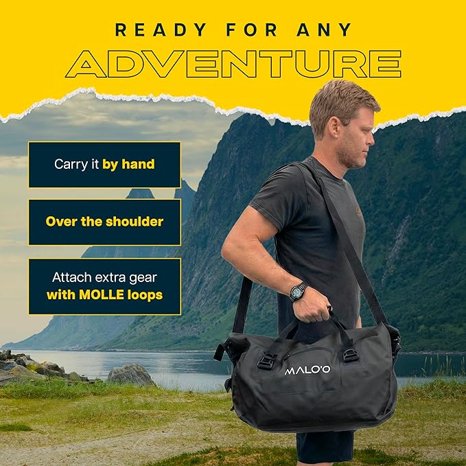 Malo’o Waterproof Dry Duffel, Heavy-Duty Roll Top Waterproof Gear Bag with Shoulder Strap & Molle Loops, Marine Duffel for Kayaking, Boating, Camping, Beach & Travel, Black, 40L