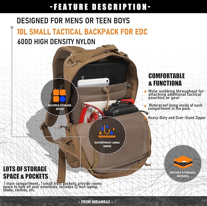 12L Small Backpack Day Pack - Mini Tactical Backpacks Military Daypack Molle Bag Rucksack Bug Out Bag for Hiking Camping Trekking (Tan)