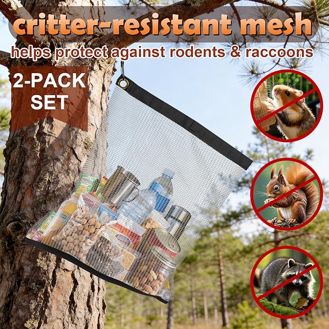 2 Pack Ultralight Rodent Proof Bear Bags, Wire Mesh Hanging Food Storage Bags for Camping and Backpacking, Critter Protection Kit with Nylon Rope and Carabiners