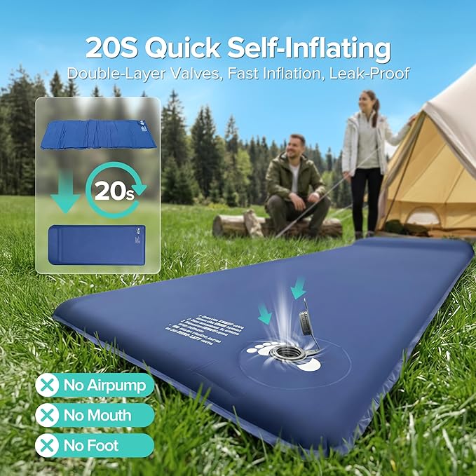 Memory Sleeping Pad, 3.1" Ultra-Thick Outdoor Foam Camping Sleeping Mat with Pillow, Easy Inflate & Deflate, 9.5 R-Value, Waterproof 4-Season Camping Mat for Backpacking Hiking Tent Car (Dark Blue)