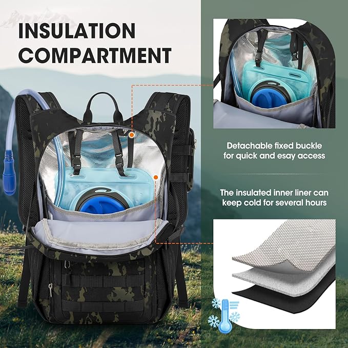 RAINSMORE Tactical Hydration Backpack 18L with 2L Water Bladder & Rain Cover, Insulated Molle Hiking Daypack, Lightweight Waterproof Ripstop Water Pack for Outdoor Cycling, Hiking