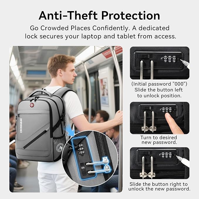 CROSSGEAR Large Travel Backpack Anti-Theft Laptop Bag with Password Lock Water Resistant Bookbag Airline Approved Business Work Computer Bag with USB Charging Port Fit 17.3 Inch Laptops for Men Women