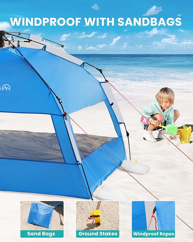 OutdoorMaster Beach Tent with Blackout Shelter Technology, Portable Sun Shade Shelter 4 Person, Pop Up Beach Tents with UPF 50+ UV Protection, 9.5mm Thick Pole, 3 Ventilating Mesh Windows