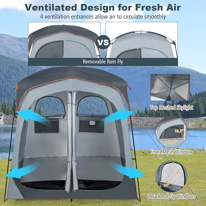 LDAILY Camping Shower Tent, 2 Room Instant Privacy Tent with Floor, Removable Rain Cover, Mesh Window, Inside Pocket and Clothesline, Portable Changing Room for Outdoor Toilet, Dressing