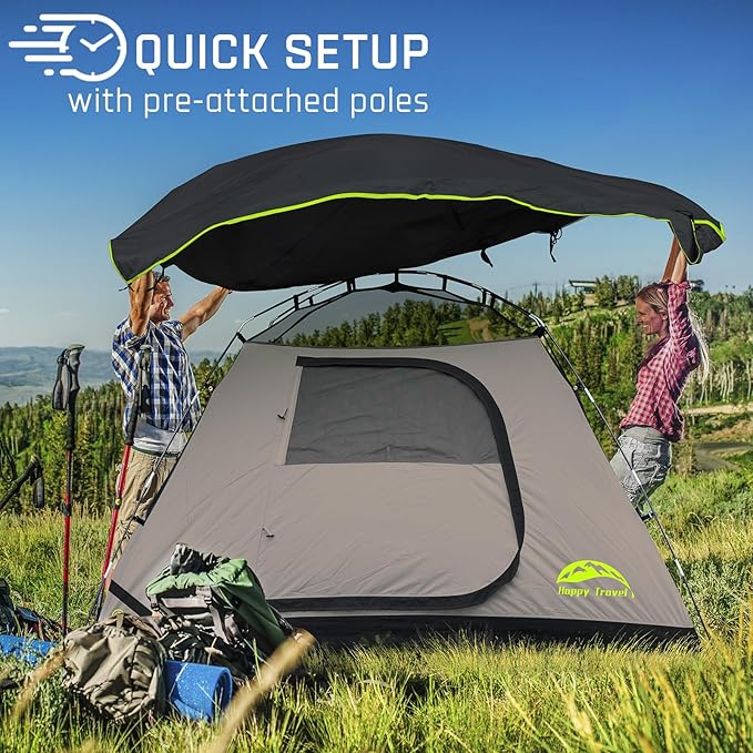 Happy Travel Camping Tent, 4/6 Person Dome Tents for Camping with Rainfly, Waterproof Clip Easy Setup Portable Family Tent with Mesh Windows, 20% More Headroom Backpacking Tents for Camping & Hiking