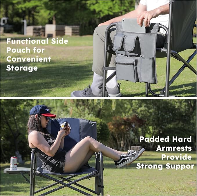 Oversized Directors Camping Chair Support 600 LBS, Heavy Duty Folding Outdoor Chairs with Detachable Side Pocket and Adjustable Side Table for Outside Beach,Lawn,Fishing (Blue)