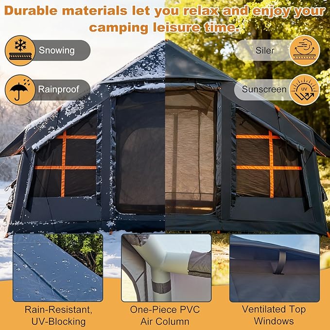 Inflatable Tents for Camping with Stove Jack, 2/4/6/8 Person Easy Setup Blow Up Tents for 4 Seasons Waterproof Inflatable Camping Tent with Awning, Air House Glamping Tents for Camping Adult