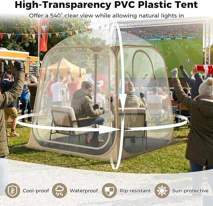 Tangkula All Weather Sports Tent for 2-4 People, 7x7 Ft Pop Up Outdoor Clear Bubble Tent with Waterproof Tarp Floor, Stakes, Wind Ropes, Sandbags, Carrying Bag for Sports Fishing Camping Cheering