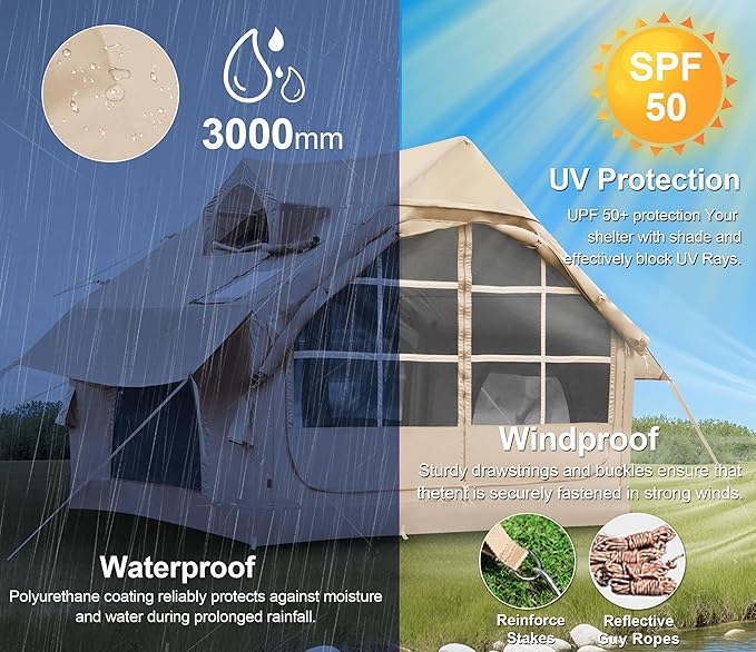 Inflatable Tents for Camping with Stove Jack, 2/4/6/8 Person Easy Setup Blow Up Tents for 4 Seasons Waterproof Inflatable Camping Tent with Awning, Air House Glamping Tents for Camping Adult