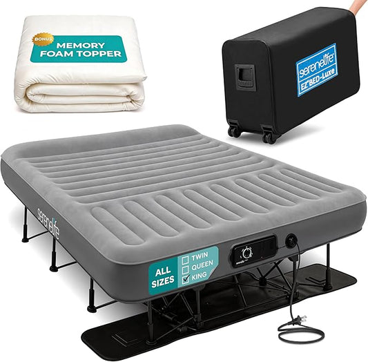 SereneLife (King) EZ Bed Luxe Air Mattress with Frame and Rolling Case - Luxury Series with Bonus Memory Foam Cover, Constant Comfort Pressure Maintaining Pump, Built-in Headrest, Wall Plug AC