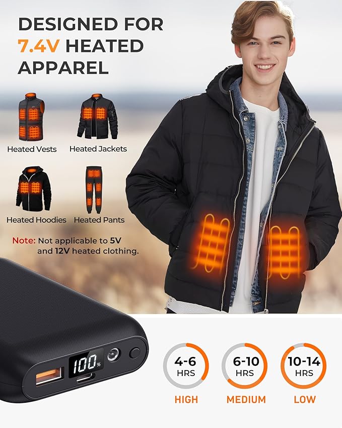 Heated Vest Battery Pack 7.4V 16000mAh Compatible with ORORO and Venustas, Battery Pack for Heated Vest with LED Display, Rechargeable Power Bank with DC/USB/Type-C Output for Heated Jackets