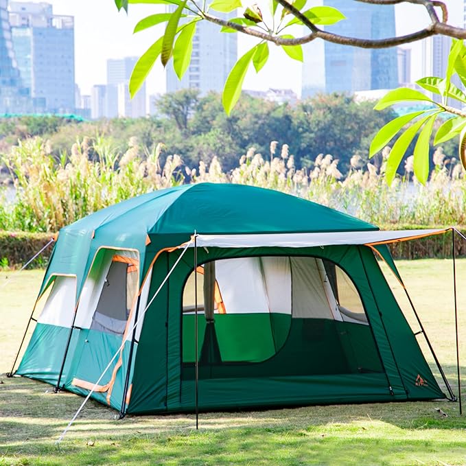 KTT Extra Large Tent 6-10-12-14 Person(Style-B),Family Cabin Tents,2 Rooms,3 Doors and 3 Windows with Mesh,Straight Wall,Waterproof,Double Layer,Big Tent for Outdoor,Picnic,Camping,Family Gathering