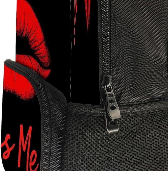 Men Women Lightweight Black Red Lip Print Kiss Me Backpack Large Capacity Bookbag With Smooth Zippers for Gym Business Running