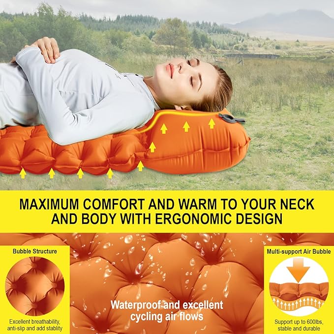 Double Sleeping Pad for Camping Inflatable 2 Person Sleeping Mat with Built-in Pump, Foot Press Ultralight Extra Thick Camping Mat with Pillow for Backpacking, Traveling, Hiking, Durable & Waterproof…