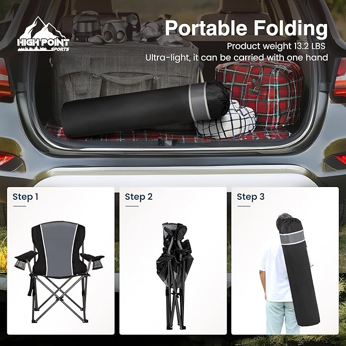 HIGH POINT SPORTS Oversized Camping Folding Chair, Heavy Duty Outdoor Chair with Armrest, Portable Lawn Chair with Cup Holder for Adults Support 350 LBS, 2 Pack, Gray-Black