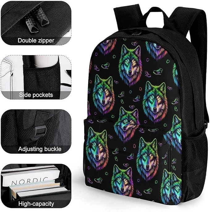 Chic Carry-On Dual Shoulder Bag for Sports and Picnics, Colorful Wolf, Camping Outdoor Backpack