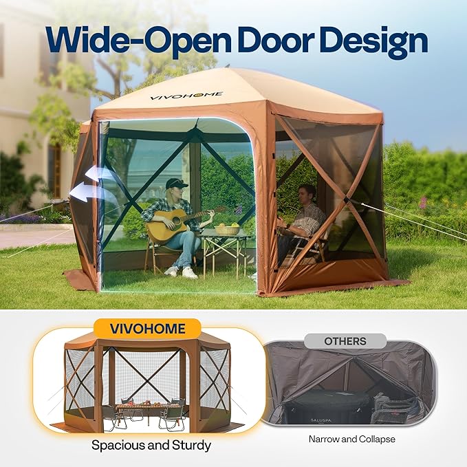 VIVOHOME 12x12ft Pop-Up Gazebo Screen Tent, 6-Sided Instant Outdoor Canopy Shelter with Large Main Door, Wind Panels, and Screens for Outdoor Parties, Camping, Lawn and Backyard
