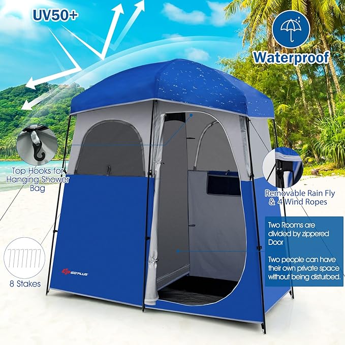 Goplus 2 Room Shower Tent, Portable Camping Changing With Floor Drain, Detachable Rain Fly, Stakes & Ropes, UV Protection, Water Resistant Privacy for Outdoor Toilet, Dressing (Blue)
