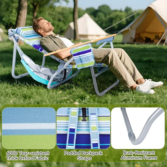 2 Pack Backpack Beach Chairs with Canopy Headrest Cooler Bag Cup Holder Towel Bar 4-Position Recline Wooden Armrests Aluminum Frame Folding Beach Chair for Adults Camping Supports 400 lbs