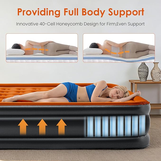Camping Air Mattress Queen with Built in Pump 18" Thickness 660lbs Heavy Duty Comfortable Blow up Air Mattress with Carry Bag Inflatable Foldable Flocked Top Air Bed for Travel, Home (Black & Orange)