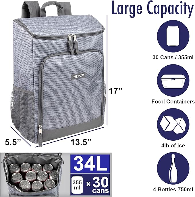 Insulated Cooler Backpack Food Delivery Bag with Drink Cup Holders, Pocket | Soft Sided Backpack Cooler Insulated Leak Proof 30 Can Travel Cooler Bag for Groceries, Camping, Beach