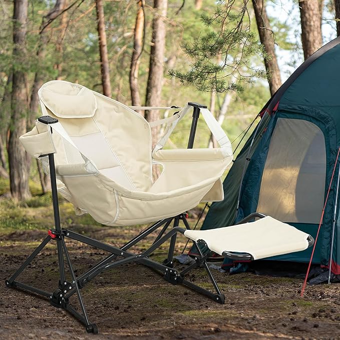 Ainfox Hammock Camping Chair with Footrest, Foldable Portable Rocking Chairs for Adults Outside Swinging Camp with Cup Holder Pillow for Outdoor Patio Poolside (Beige)