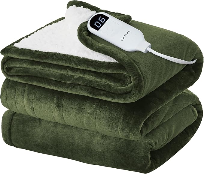 Bedsure Electric Blanket Twin - Soft Flannel Heated Blanket, Fast Heating with 10 Time Settings & 6 Heat Settings, Warm Gift for Grandma (62x84 inches, Olive Green)