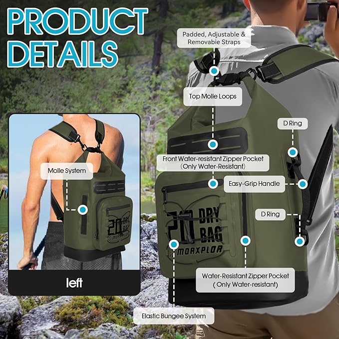 Dry Bag Waterproof,5L/10L/20L/30L Roll Top Dry Bag Backpack with WaterProof Phone Case for Swim,Kayak(Army Green 30L)