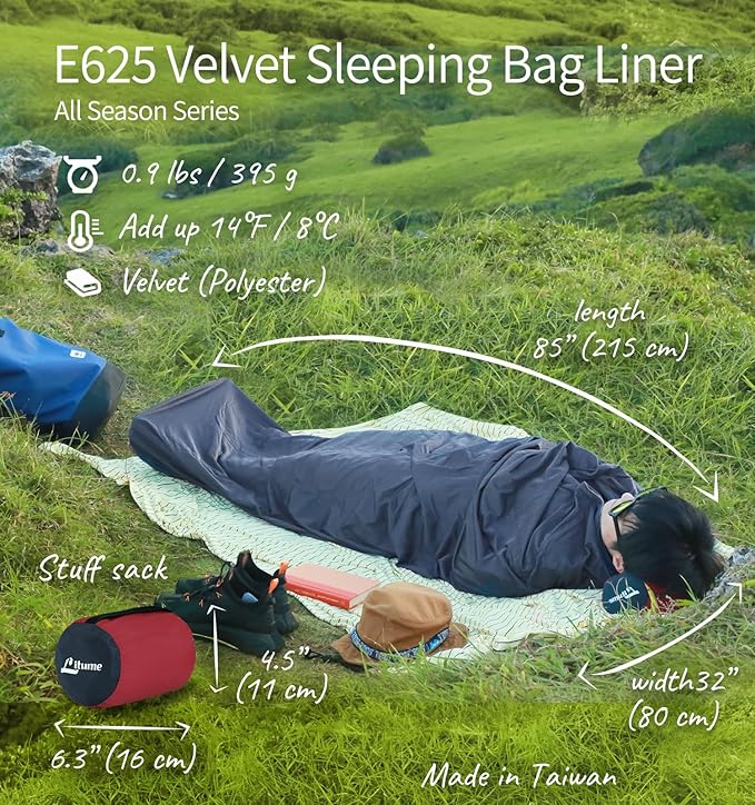 Litume Velvet Velour Sleeping Bag Liner Add Up to 14°F/ 8°C, Mummy Sleeping Sack Backpacking, Camping, Traveling, Hotel, Hostal, Lightweight Sleep Sack with Drawstring Hood E625