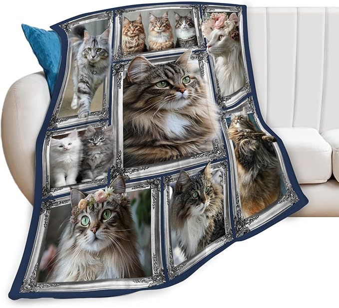 Maine Coon Cat Blanket Cute Kitten Throw Blankets Gifts for Girls Boys Kids Cat Lover Soft Cozy Fleece Plush for Couch Sofa Bed 80"x60"