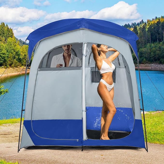 LDAILY Camping Shower Tent, 2 Room Instant Privacy Tent with Floor, Removable Rain Cover, Mesh Window, Inside Pocket and Clothesline, Portable Changing Room for Outdoor Toilet, Dressing