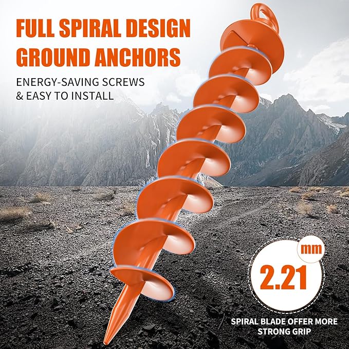 Phopich Ground Anchor Screw in, 4 Pack Spiral Trampoline Anchors with Nut and Tool Swing Set Anchors Tent Stakes High Wind Heavy Duty for Sheds, Carports, Mobile Home Orange