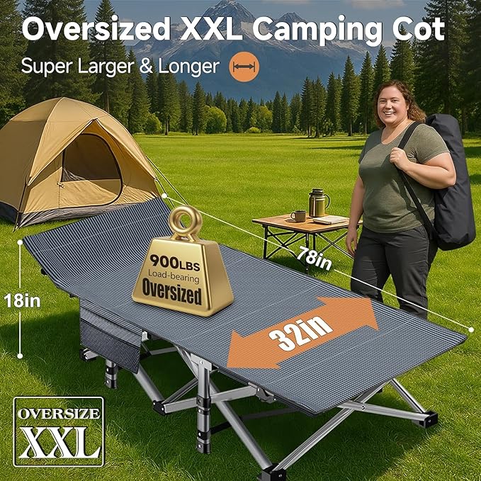 Slsy Oversized XXL Camping Cot with 2" Memory Foam Mattress, Upgraded Padded Folding Cot Bed with Carry Bag, Portable Sleeping Cot for Camping, Travel, Beach & Hiking
