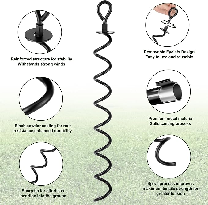 Trampoline Stakes 6 Pack, Spiral Ground Anchors Screw in, Swing Set Anchors, Earth Anchor Ground Stakes Heavy Duty with Straps for CarPorts, Sheds, Tents, Swing Sets, Camping, Mobile Home