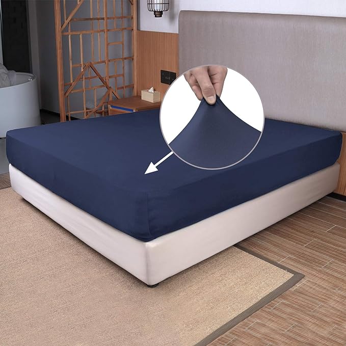 Twin Size Fitted Sheet Only - 4-Way Stretch Knit, Snug Fit, Wrinkle Free & Stay in Place, No More Slipping Off for Mattress, Soft & Comfortable - Navy Blue, Twin