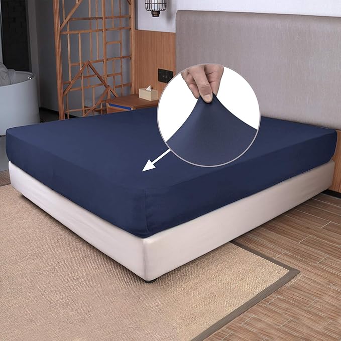 Full Size Fitted Sheet Only - 4-Way Stretch Knit, Snug Fit, Wrinkle Free & Stay in Place, No More Slipping Off for Mattress, Soft & Comfortable - Navy Blue, Full