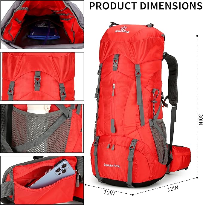 Hiking Backpack for Men and Women 70L+5L Waterproof Lightweight Camping Daypack with Rain Cover for Outdoor Travel Mountaineering - Frameless (Red)