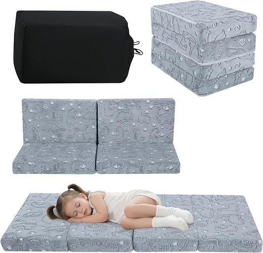 MeMoreCool Kids Folding Mattress, Trifold Foldable Floor Mattress for Kids, 63x26 Portable Floor Mat with Washable Cover and Carry Bag for Camping Sleepover Daycare, Grey Dinosaur
