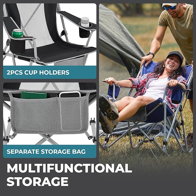 FUNDANGO Rocking Camping Chair, 2 Pack High Mesh Back Portable Folding Camp Chairs with Pillows, Cup Holder and Carry Bag for Lawn Patio Garden Outdoor Supports 300 Lbs (Blue/Grey)