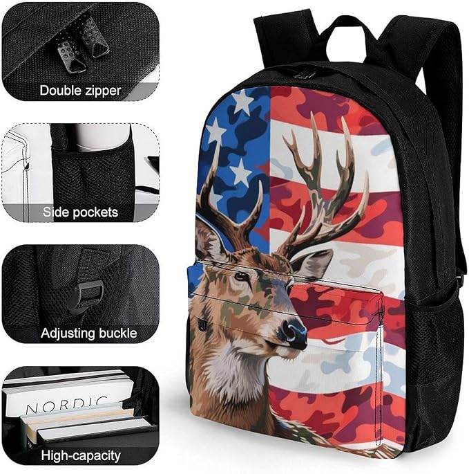 Men Women Lightweight American Flag Camo Deer Camouflage Art Daypack Bookbag Big Capacity Carry On Bag With Side Pockets for Camping Travel Bicycle