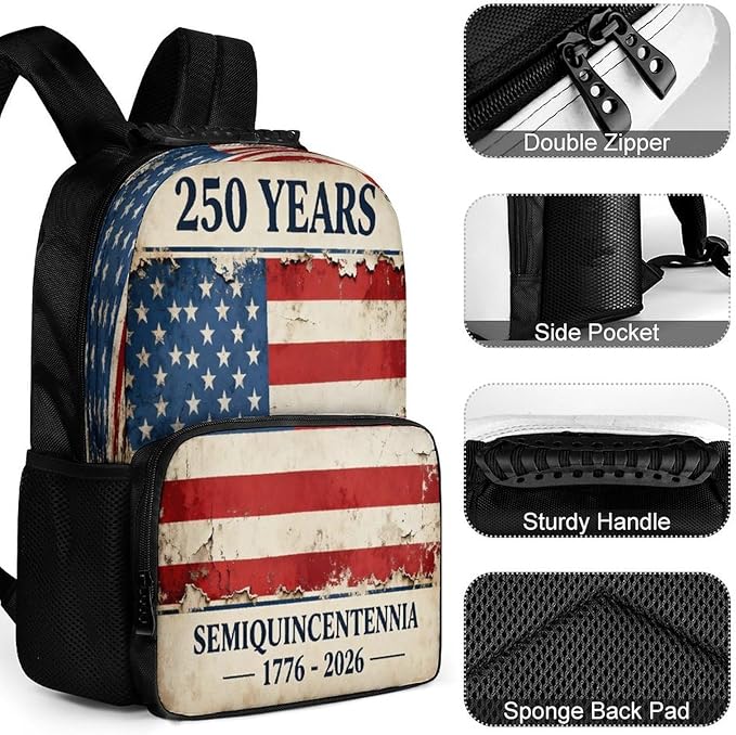 Rucksack Multipurpose Anti-Theft Big Capacity Shoulder Bag, USA 250th Anniversary Patriotic Independence Celebration Art Travel Hiking Camping Rucksack With Side Pockets