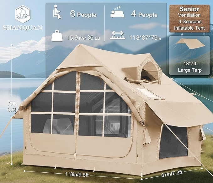 Inflatable Tents for Camping with Stove Jack, 2/4/6/8 Person Easy Setup Blow Up Tents for 4 Seasons Waterproof Inflatable Camping Tent with Awning, Air House Glamping Tents for Camping Adult