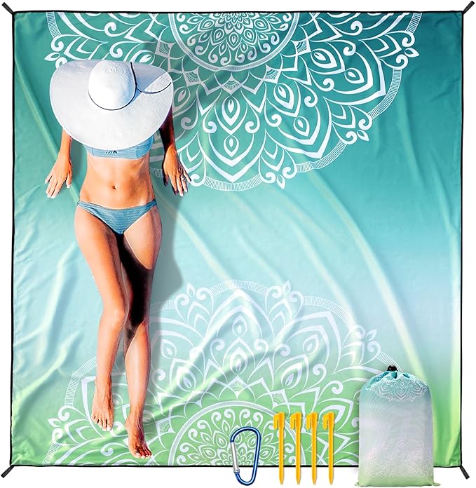 Beach Blanket Waterproof Sandproof Beach Mat 79" X 83"/10'x9'for 2-8 Adults Quick Drying Outdoor Picnic Mat Beach Accessories for Travel, Camping, Hiking