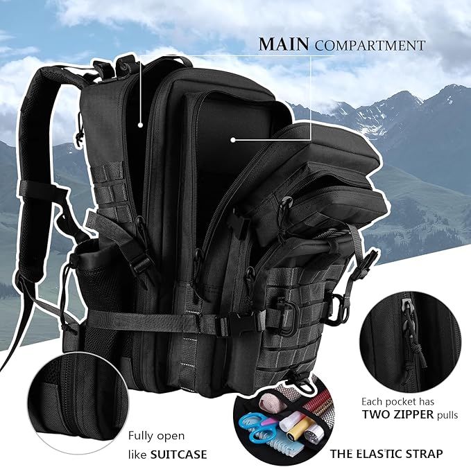 45L MOLLE Assault Backpack, Tactical Backpack Military Army Camping Rucksack with Bottle Holder, 3-Day Pack Trip w/USA Flag Patch, D-Rings, Black