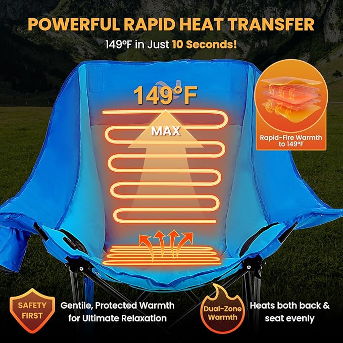 Begonia.K Oversized Heated Rocking Camping Chair - 400lbs Capacity Padded Camping Recliner w/ 3 Levels Back Seat Heat - Folding Lawn Chair with Side Pockets for Camp Patio Backyard