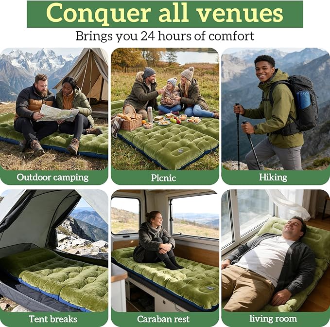 Sleeping Pad for Camping, 6" Velvet Camping Mat, Ultralight Inflatable Sleeping Pad with Built-in Foot Pump & Pillow, Compact for Camping Backpacking Hiking Traveling Tent