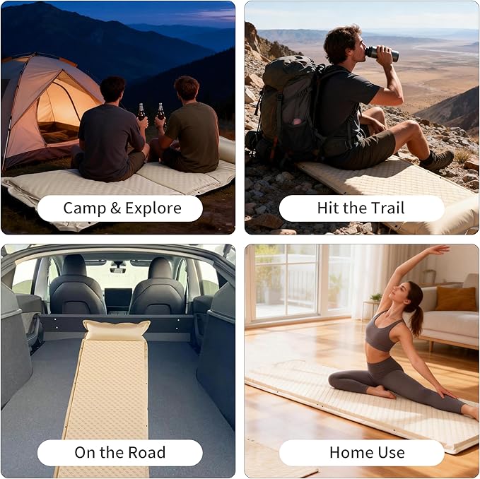 Self-Inflating Camping Mat - 1.2"/2" Thick Portable Air Mattress with Pillow for Outdoor, Hiking & Travel (Offwhite 2" for Single)