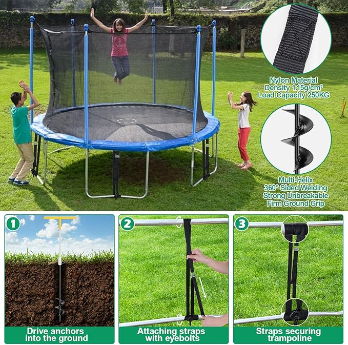 Trampoline Stakes High Wind Heavy Duty Kit, 4/6/8 Pack 18" Trampoline Anchors Ground Anchors Screw in with Adjustable Tie-Down Straps for RV Awning Swing Set Canopy Tent Stakes