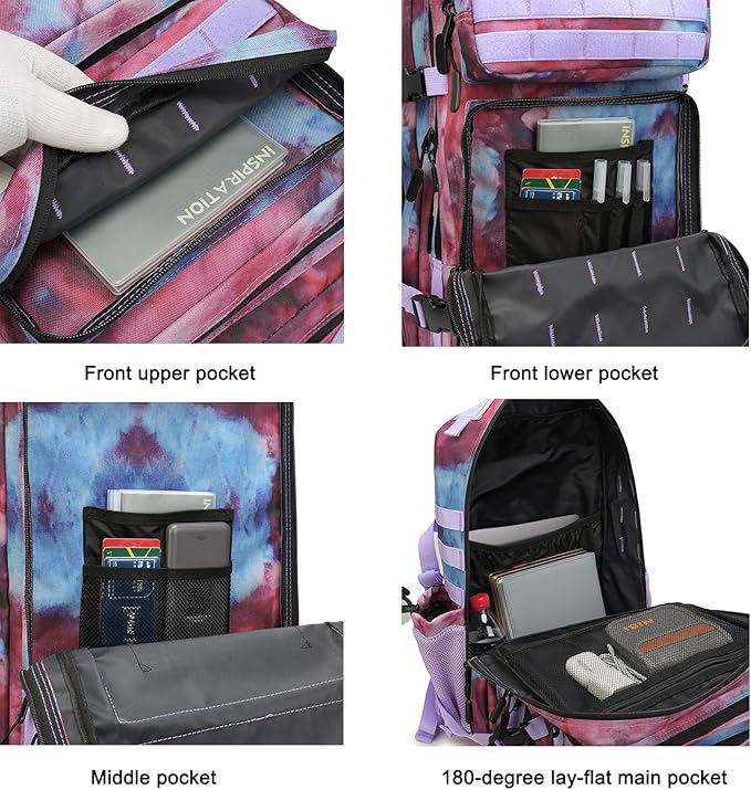 Military Tactical Backpack 45L Bug Out Bag Assault Pack Molle Daypack Hiking Gym Rucksack with Bottle Holder(Nebula Tie Stain)